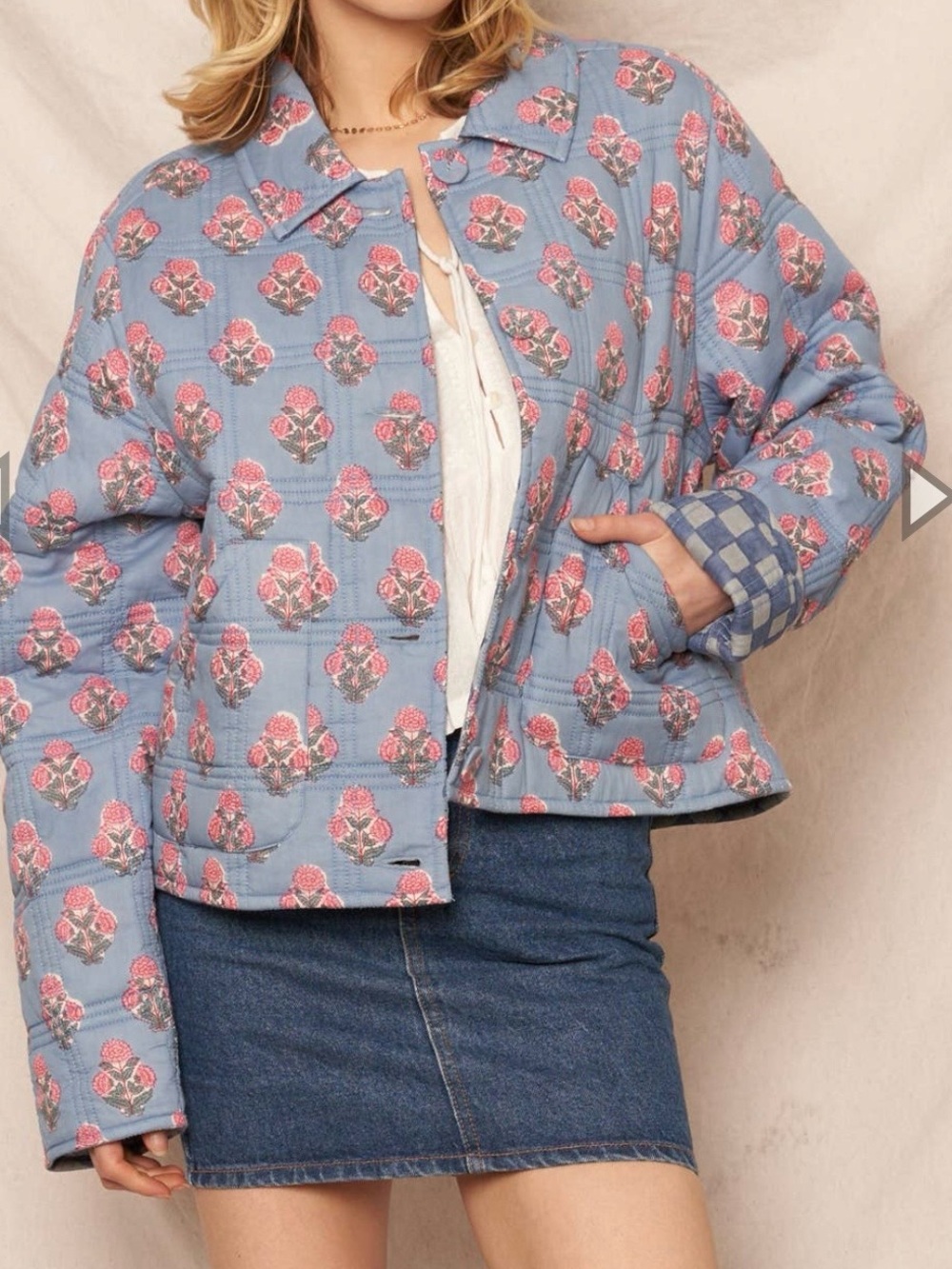 NWOT Blue Quilted Jacket with Pink Floral Print - Reversible Checker